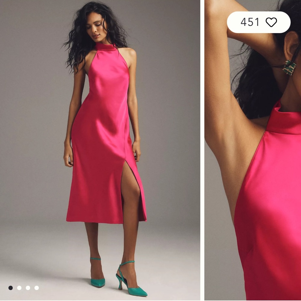 NWT BHLDN Violet Halter Open-Back Side-Slit Stretch Satin
Midi Dress